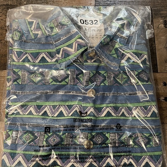 VTG 90s Arrow River Shirt M USA Aztec Geometric Retro‎ Blue Green Cotton Loud - Picture 8 of 8